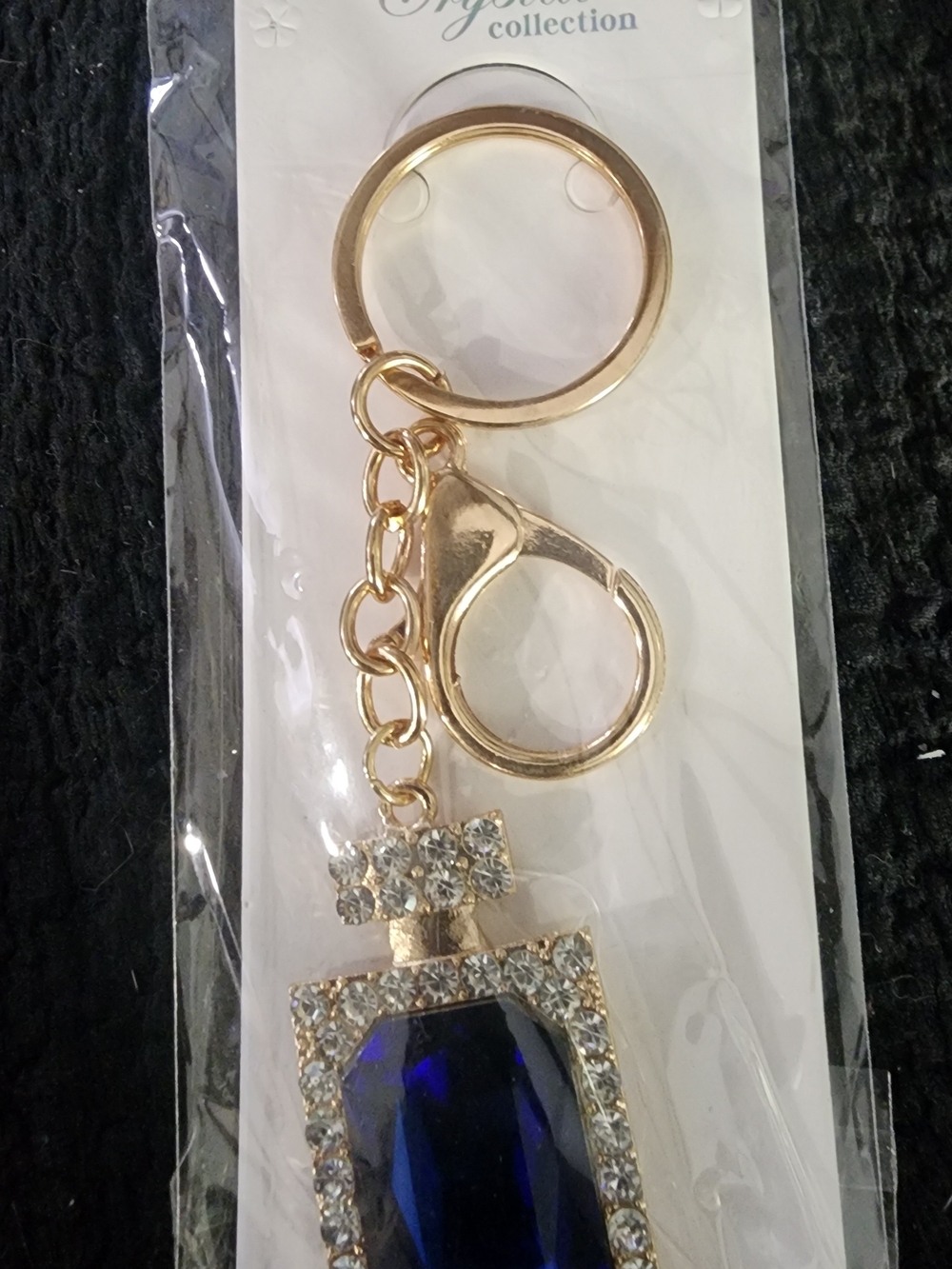 Gold-Tone Key & Card Holder Charm with Dark Blue Gem